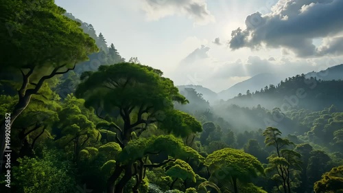 Wallpaper Mural Lush green rainforest landscape with fog and mountains in the background, representing tropical wilderness, natural beauty and untouched forest scenery Torontodigital.ca
