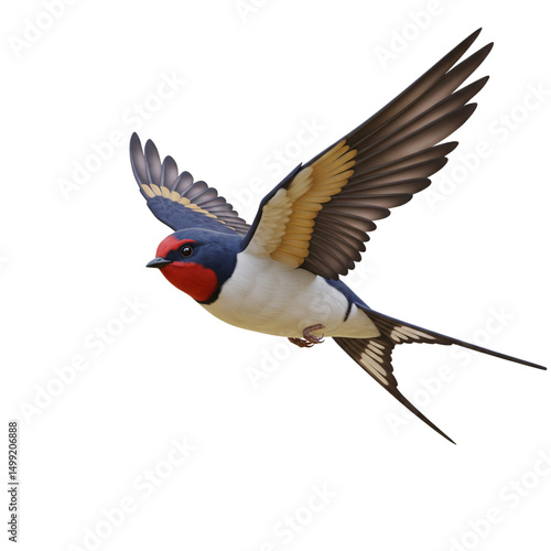 A Vibrant Red-throated Swallow in Flight, Wings Spread Wide Against a Pure White Background, showcasing its Detailed Plumage and Aerodynamic Form