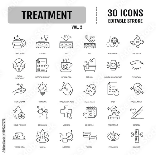 Skin care line icons set. Editable stroke. Containing as Moisture cream, acid, anti wrinkle serum, ceramide, collagen, retinol compound, sunscreen and more. Vector illustration