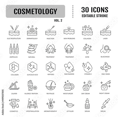 Cosmetology line editable icon set. Containing beauty, vitamin, jewelry, healthy food, moisturizing, dentistry. Vector illustration