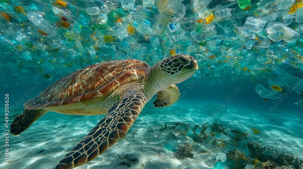 Fototapeta premium Sea Turtle Swimming Amidst Plastic Pollution in the Ocean
