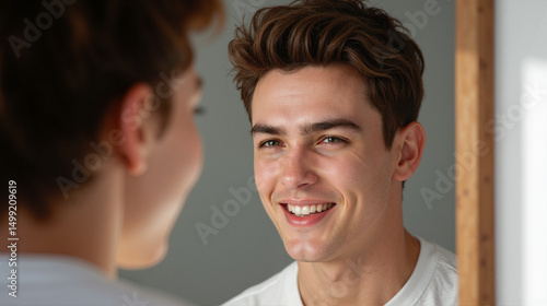 The image shows a young man looking at himself in the mirror with a smile on his face. He is standing in front of a wall