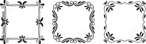 Ornate Decorative Square Frame Vector Set - Vintage Style Black Borders with Floral Accents