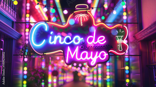 Festive holiday Cinco de Mayo celebration neon text effect design. Glowing sombrero hat with cactus, fun celebration 