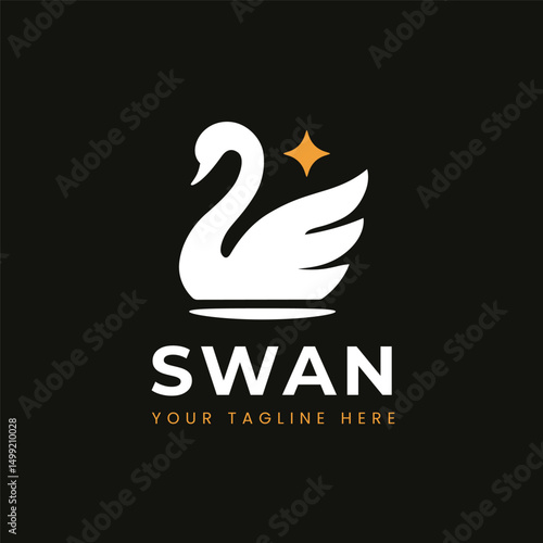 Stylish white swan logo on black background with a golden star accent. Modern, minimalist, and elegant design perfect for branding, fashion, luxury, or wellness industries.