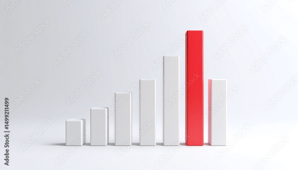 Ascending white bars culminate in a single, prominent red bar against a stark white backdrop, suggesting growth or a significant outlier Ascending white bars culminate in a single, prominent red bar against a stark white backdrop, suggesting growth or a significant outlier