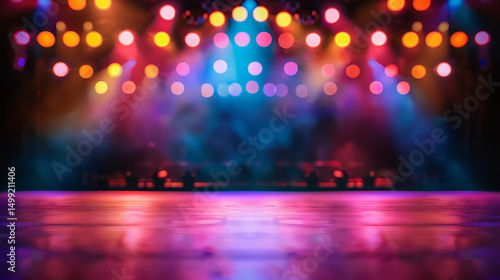 Wallpaper Mural Concert stage lights, dramatic stage foggy spotlighting and wooden floor stage. Empty concert stage background. Blurred colorful neon stage lights dance studio. Colorful stage light showtime  Torontodigital.ca