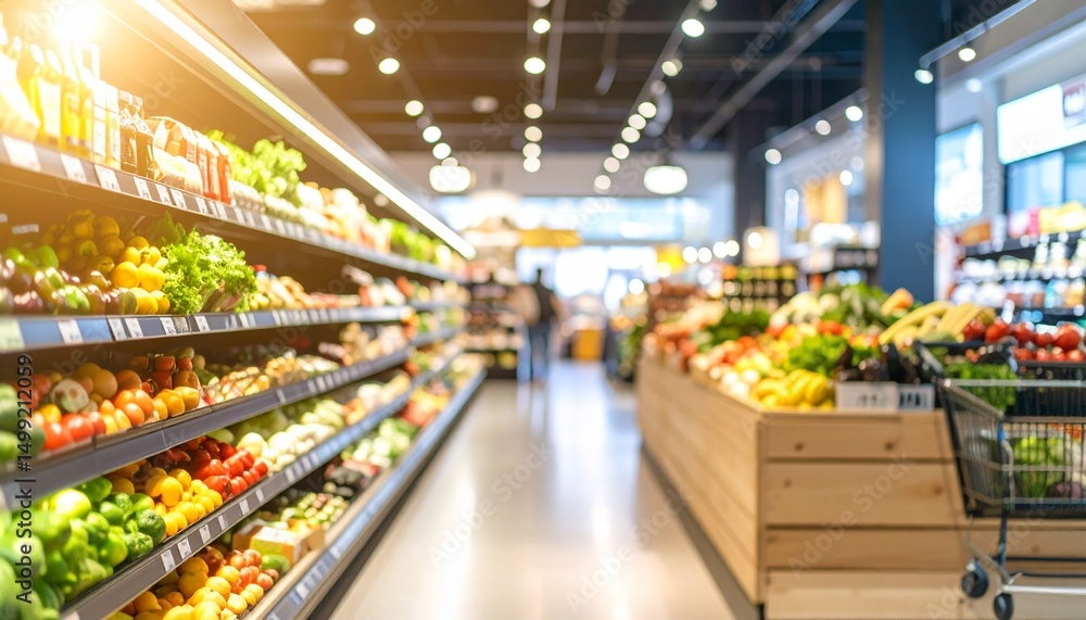 A softly blurred supermarket food section captures the vibrant essence of daily life with shelves full of colorful produce and neatly arranged goods. Hints of shoppers, carts, and signage add depth wh A softly blurred supermarket food section captures the vibrant essence of daily life with shelves full of colorful produce and neatly arranged goods. Hints of shoppers, carts, and signage add depth wh