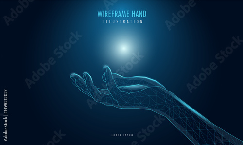 Futuristic wireframe hand, with a mesh glowing light. AI, technology, or connection concept.