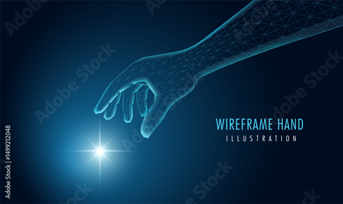 Futuristic wireframe hand, with a mesh glowing light. AI, technology, or connection concept.