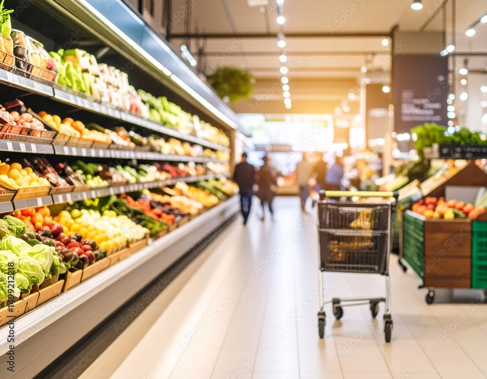 Fototapeta premium A softly blurred supermarket food section captures the vibrant essence of daily life with shelves full of colorful produce and neatly arranged goods. Hints of shoppers, carts, and signage add depth wh