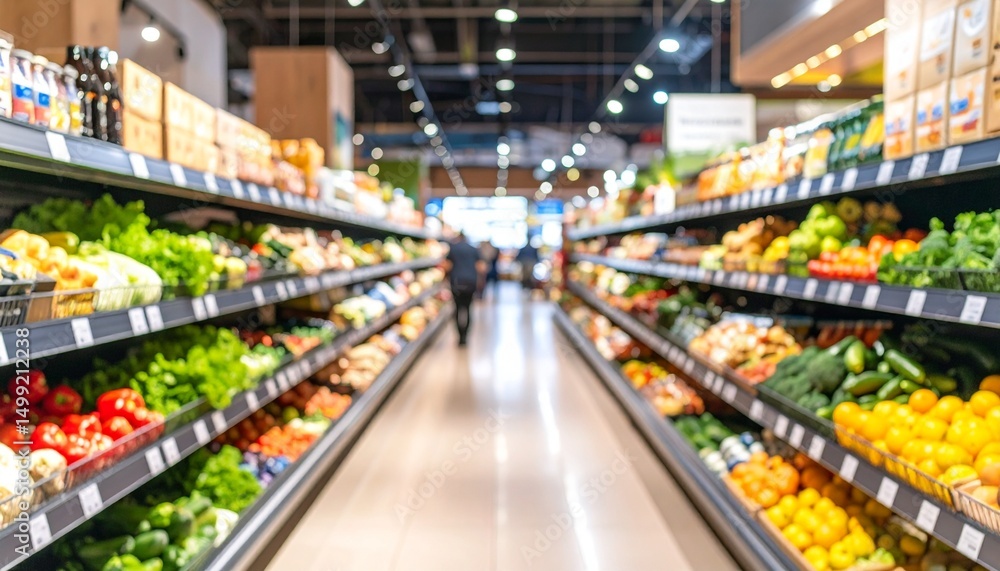 Fototapeta premium A softly blurred supermarket food section captures the vibrant essence of daily life with shelves full of colorful produce and neatly arranged goods. Hints of shoppers, carts, and signage add depth wh
