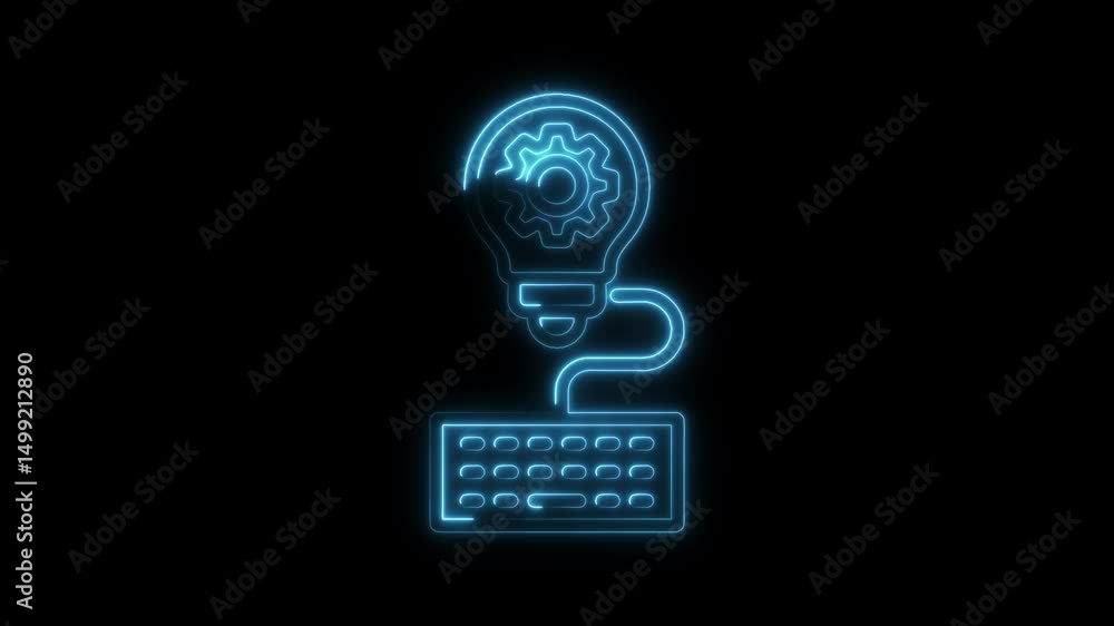 Neon lightbulb with gear connecting to keyboard animation on black background Neon lightbulb with gear connecting to keyboard animation on black background