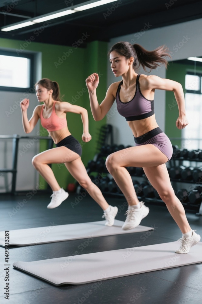 Obraz premium two women are running on a mat in a gym
