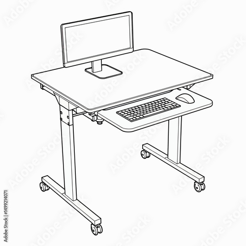 Precision CAD Blueprint of Height-Adjustable Desk with Pullout Tray and Rolling Caster Base, Showing Technical Dimensions and Mechanical Components

