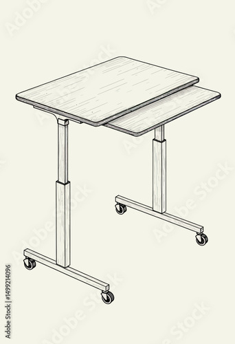 Detailed CAD Drawing of Adjustable Desk with Integrated Pullout Surface and Caster Wheels, Featuring Modular Components for Mobile Office or Home Workspace Design
