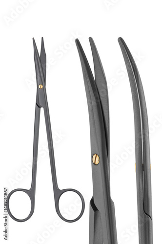 Black Surgical Scissors Made of Stainless Steel with ring handles– Medical Instrument Close-Up on White Background for Healthcare and Surgical Use, Set of photos. Macro