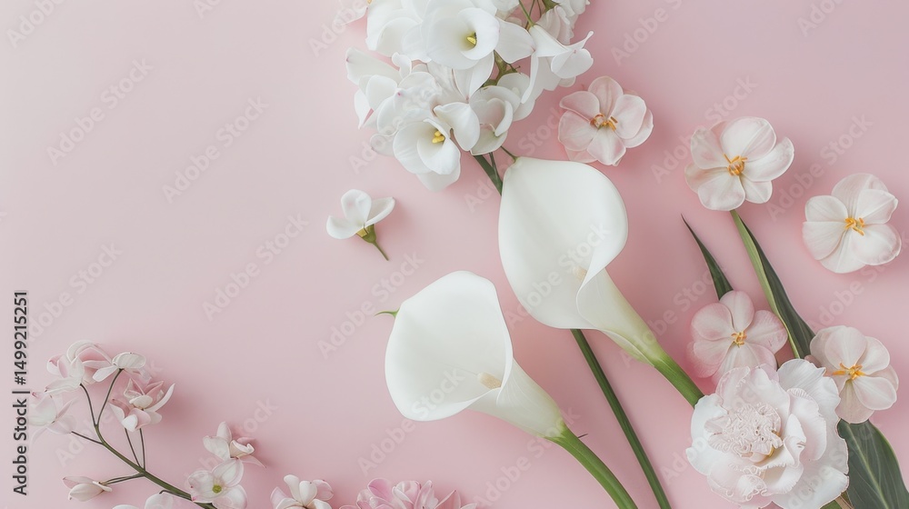 Naklejka premium White Calla Lilies and pink Peonies on a clean, soft blush pink table, creating a timeless and sophisticated composition.