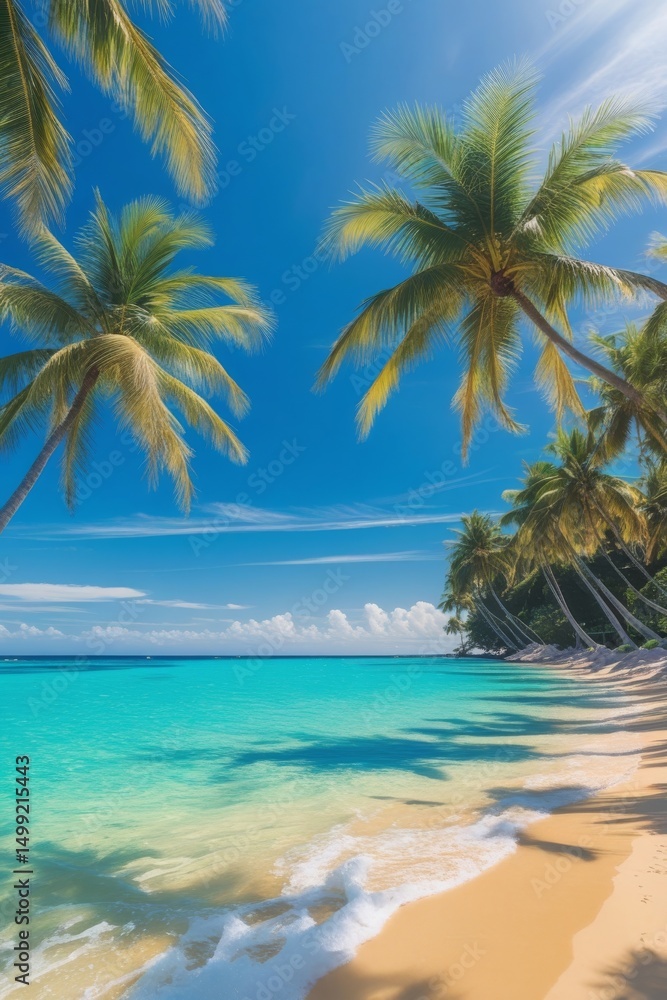 Fototapeta premium Tropical Beach Paradise with Turquoise Ocean and Palm Trees 