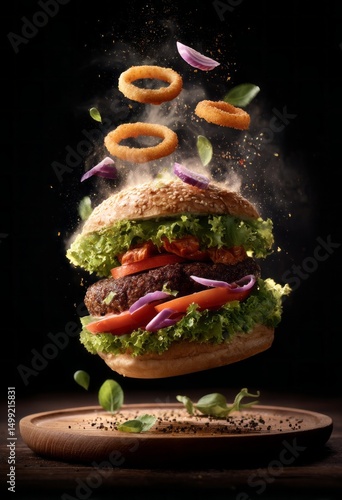A gourmet burger with onion...