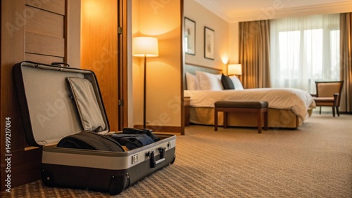 A modern grey suitcase rests on a padded luggage bench with a black backpack on the floor beside it, in a warm, inviting hotel room, symbolizing comfortable travel and transient stays.


