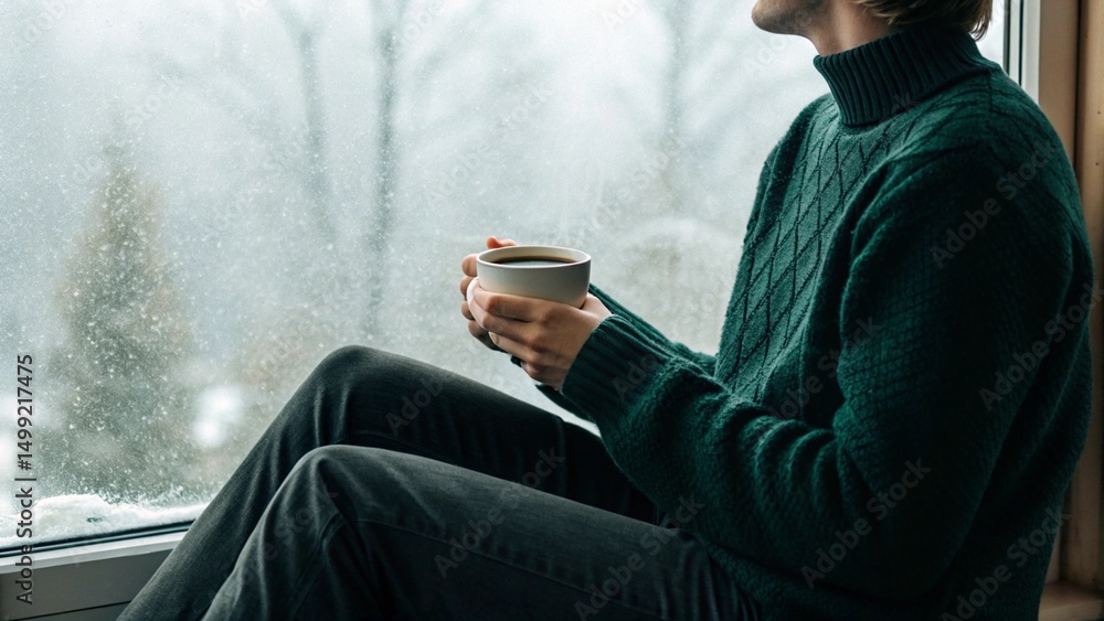 The side profile of an individual holding a steaming cup, looking out at a blurred, rain-covered windowpane, symbolizing solitude, tranquility, and the simple pleasure of a warm beverage on a cold day The side profile of an individual holding a steaming cup, looking out at a blurred, rain-covered windowpane, symbolizing solitude, tranquility, and the simple pleasure of a warm beverage on a cold day