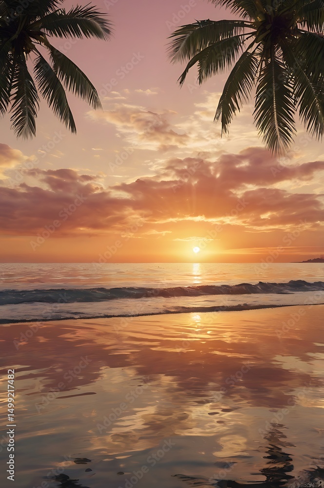 Serene Sunset Beach Scene Palm Trees Framing Vibrant Orange and Pink Hues Serene Sunset Beach Scene Palm Trees Framing Vibrant Orange and Pink Hues