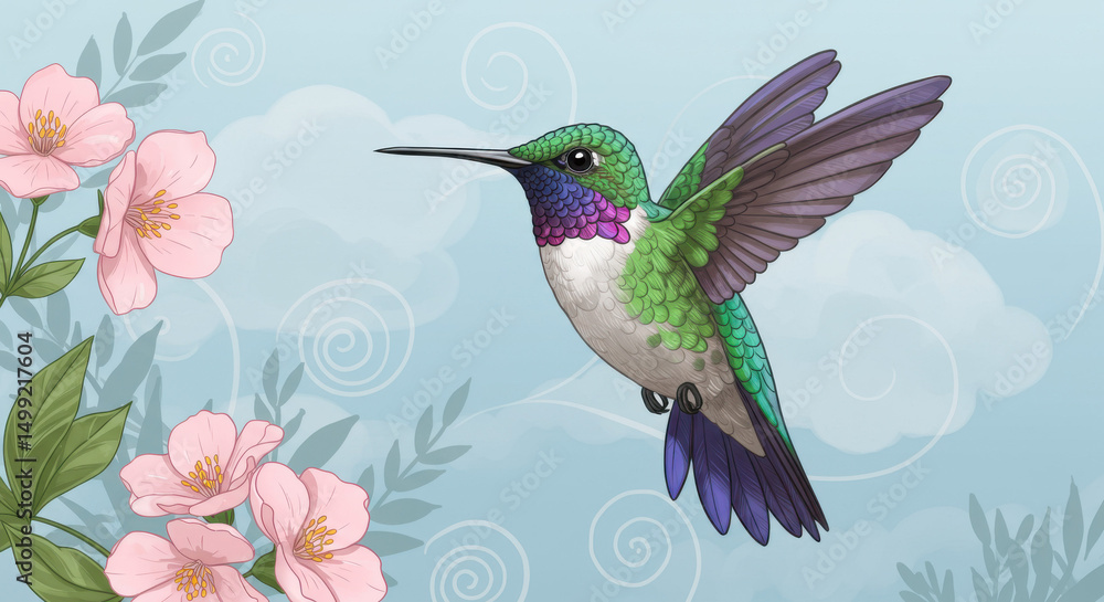 Obraz premium Charming Hummingbird Illustration for Nature-Inspired Nursery Decor
