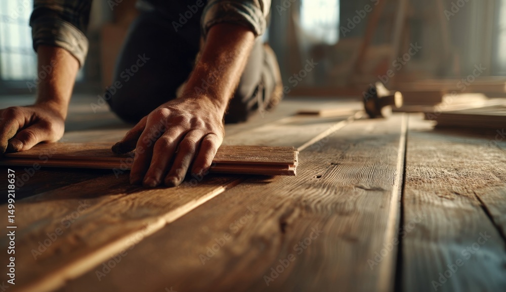 Close-up of hands installing wooden floor planks with tools and soft natural light Close-up of hands installing wooden floor planks with tools and soft natural light