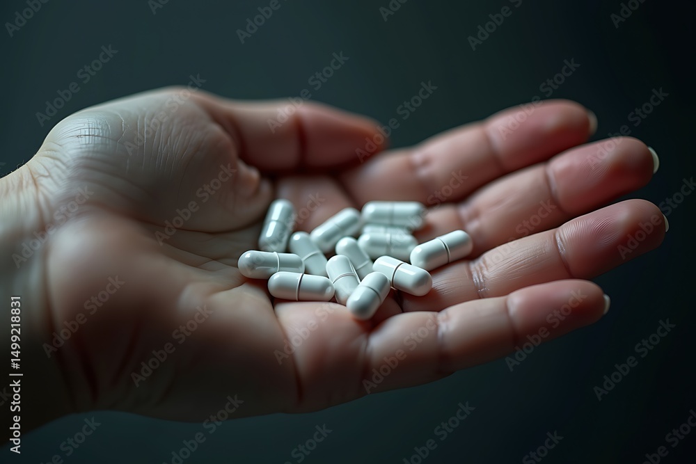 realistic human hand holding white Lorazepam capsules, symbolizing mental health struggle.