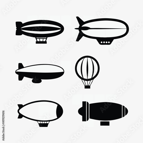 Black silhouette icons of zeppelins and airships