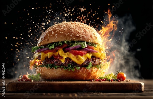 Delicious burger bursting w...