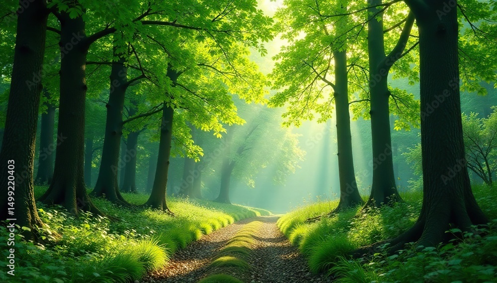 Obraz premium Serene forest background, lush green canopy, dappled sunlight, tranquil nature scene , wallpaper, shadow