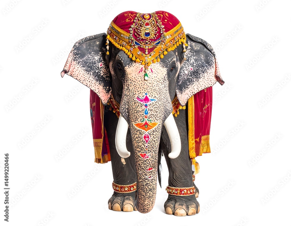 Naklejka premium Decorated animal statue against a white backdrop showcasing intricate ornaments and vibrant colors. Front view highlights festive attire and detailed craftsmanship