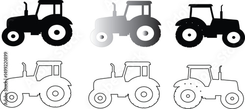  tractor in black silhouette and outline icons set, perfect for farm and rural themes.