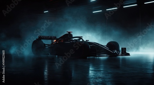 Sleek, dark Formula 1 race car sits in a dimly lit garage, shrouded in bluish-grey fog, reflecting on the polished floor