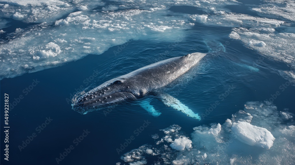 Fototapeta premium Majestic Humpback Whale Swimming in Arctic Ocean Waters near Icebergs