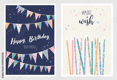 Set of birthday postcards with garlands, candles and fun hand writing. Invitations, happy birthday. Vector templates great for card, poster, flyer or banner