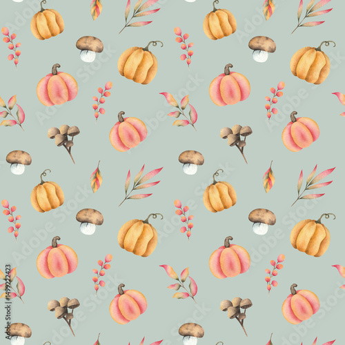 a pattern with watercolor pumpkins on a dark green background