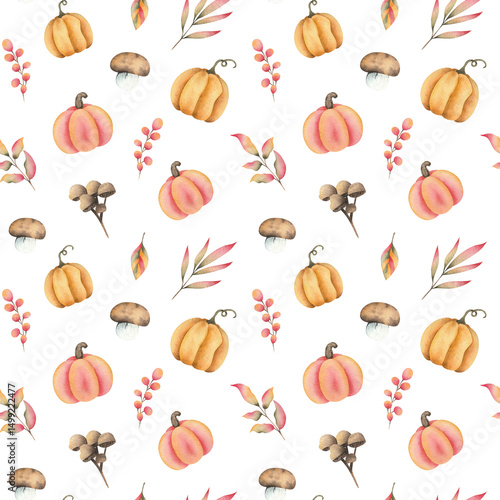 pattern with watercolor pumpkins and mushrooms