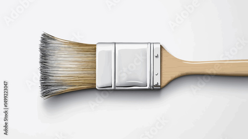 High-angle, close-up macro photograph of a paintbrush isolated on a pure white background. The brush features a light-beige wooden handle, a silver metal ferrule, and slightly fanned, light brown