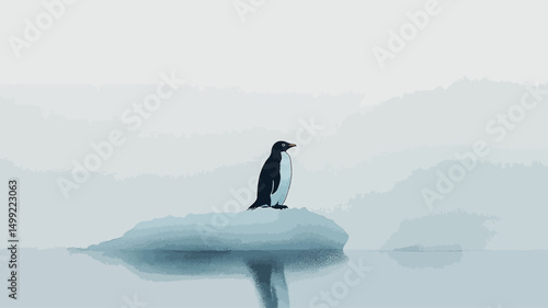 The image presents a high-key, close-to-medium shot of a single Adélie penguin standing on a small, irregularly shaped ice floe. The penguin is centrally positioned, sharply focused against 