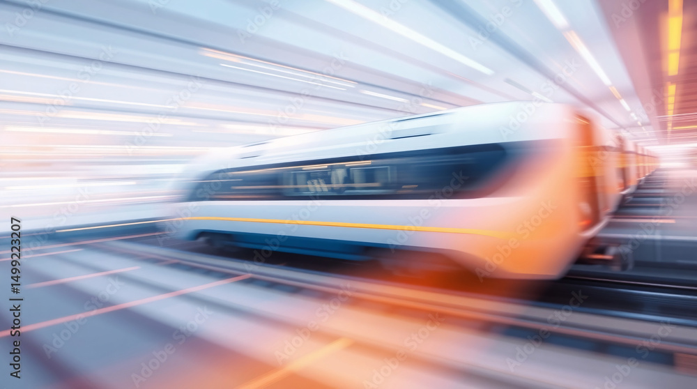 Fototapeta premium A high-speed train moving through a tunnel with blue and yellow lights, creating a sense of motion.