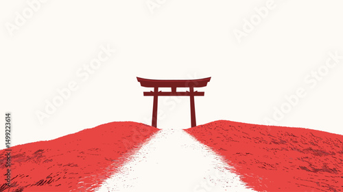 The image presents a minimalist illustration of a crimson torii gate situated at the end of a converging white path. The path, rendered with textured brushstrokes suggesting snow or a similar