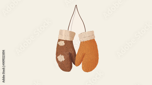 Close-up studio shot against a plain white background of a pair of felted mittens hanging by a thin string. The mittens are predominantly brown and orange/mustard yellow. One mitten features