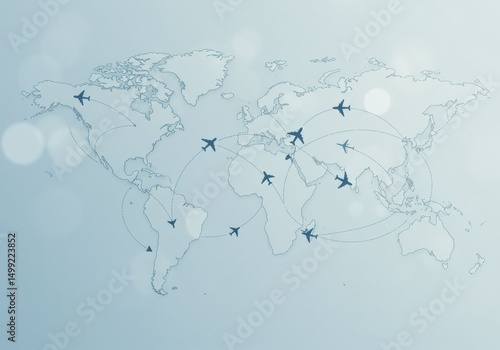World map illustration featuring airplanes navigating international travel routes and connections.