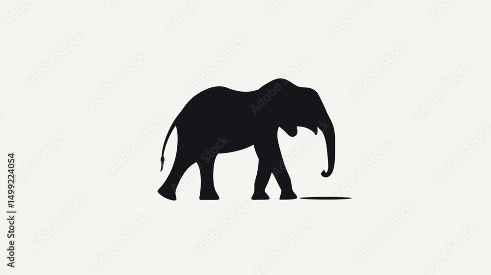 Fototapeta premium The image presents a minimalist silhouette of an elephant rendered in solid black against a stark white background. The silhouette is a two-dimensional representation, lacking texture or detail