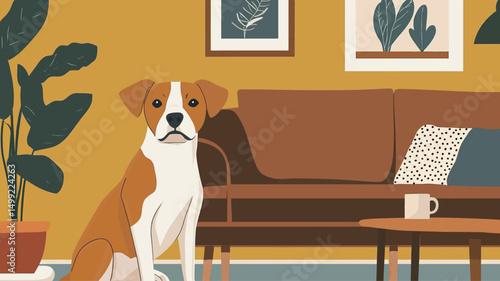 A digital illustration depicts a medium-sized, short-haired dog, predominantly white with reddish-brown patches, sitting calmly in a living room. The dog is centrally positioned and sharply focused.