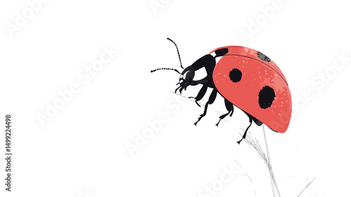 A detailed close-up shot of a ladybug, predominantly red with black spots, perched on a subtly rendered, out-of-focus off-white stem. The ladybug is sharply in focus, exhibiting high detail in its.