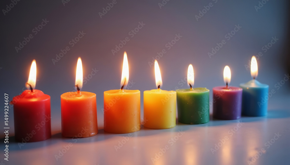 Row of rainbow-colored candles burning on a plain surface, with warm glow Row of rainbow-colored candles burning on a plain surface, with warm glow